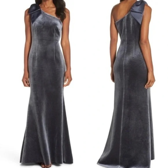 Eliza J Smokey Charcoal Grey Velvet One-Shoulder Formal Gown Size 12 Large - Picture 1 of 16